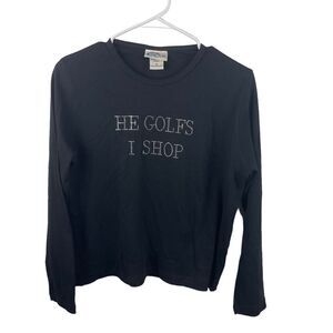 Las Olas Y2K  He Golfs I Shop Rhinestone Bling Black Long Sleeve‎ Shirt Size M